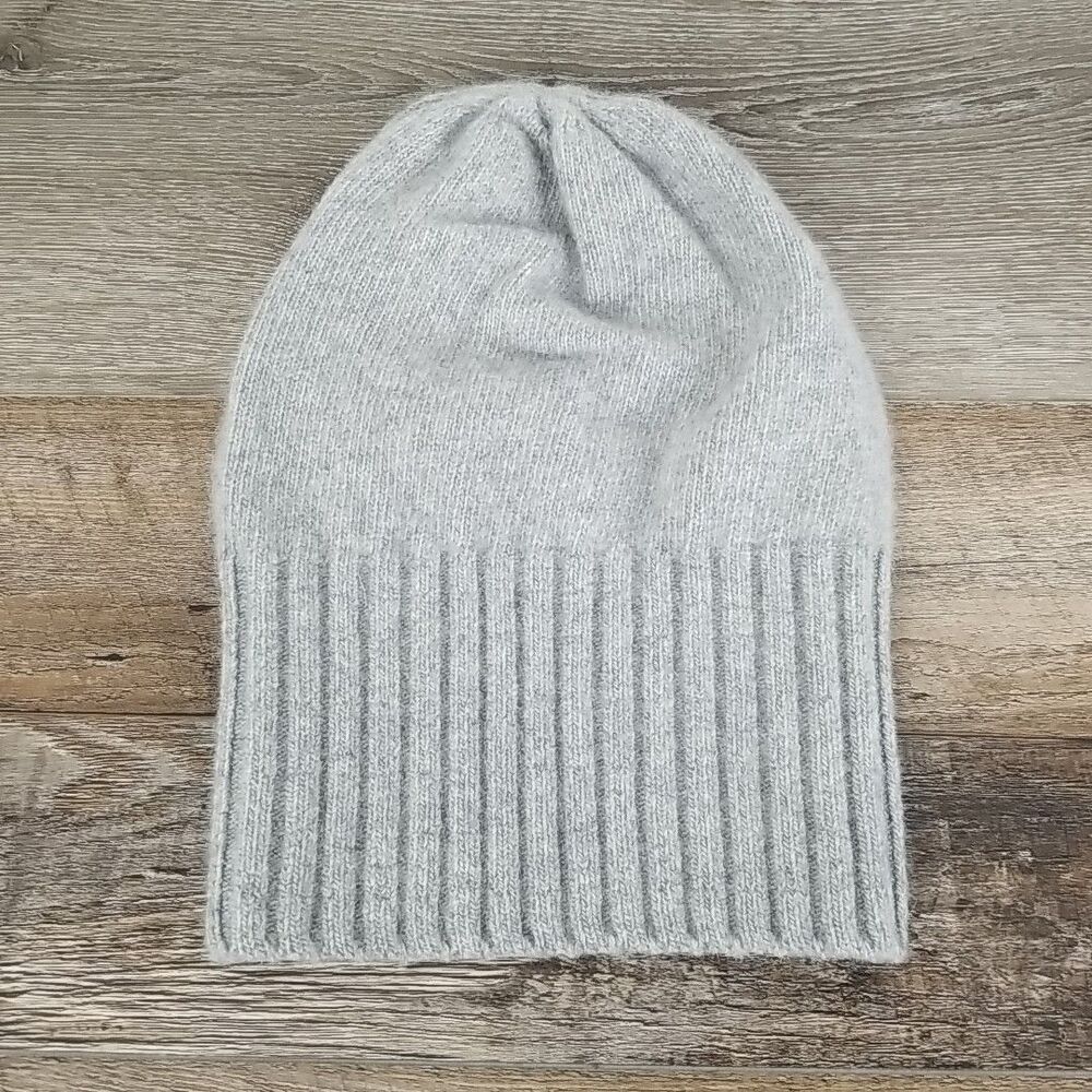 Portolano 100% Cashmere Gray Rib Cuff Slouchy Hat Beanie Very Soft